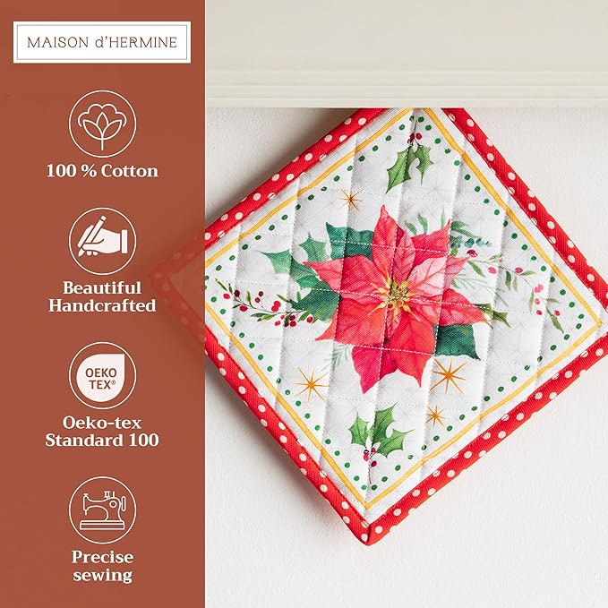 Maison d' Hermine Pot Holders Set 100% Cotton Heat Resistant Potholders 8" x 8" Hot Pads with Loop for Thanksgiving Christmas Decorations Baking Handling Hot Pans (Pack of 2, Poinsettia Christmas)