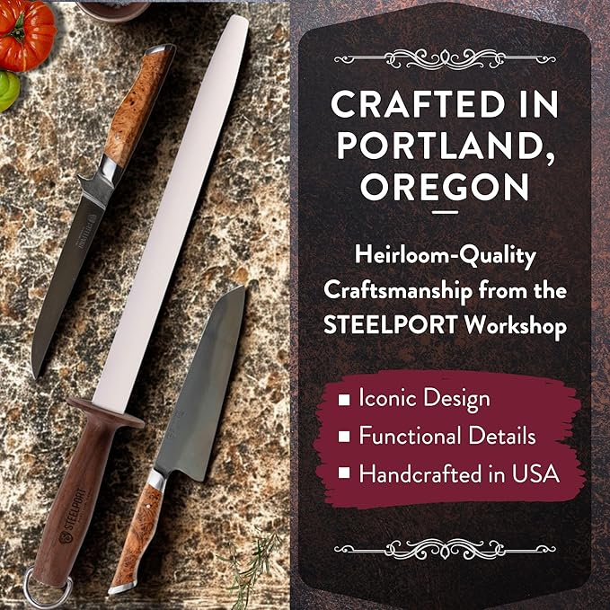 STEELPORT 12 inch Oval Ceramic Honing Rod | Professional Knife Sharpener Rod with Oregon Black Walnut Handle, Safety Guard | Premium Blade Sharpener For All Knifes | Ideal Gift for Chefs, Home Cooks