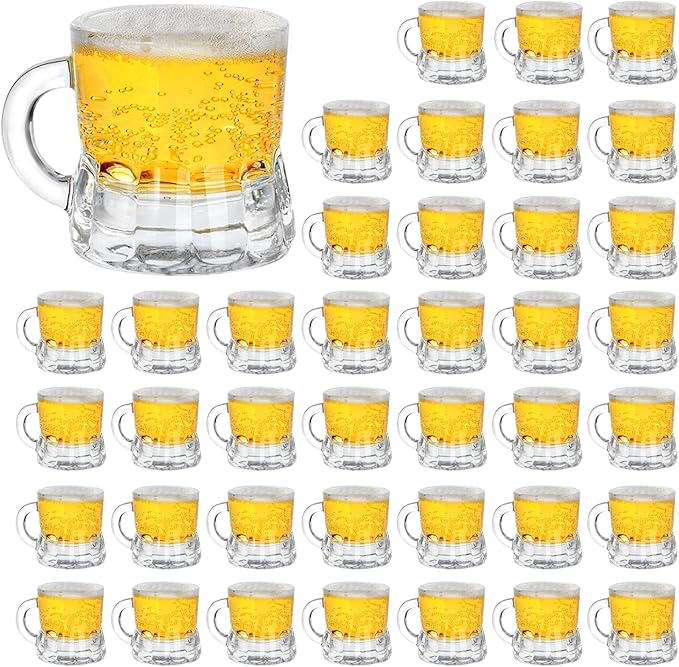 Mini Beer Mugs, 40 Pcs Real Glass Shot Glasses, 1 Oz Clear Beers Glass with Handles Heavy Base Beer Stein Tasting Glasses for Beers, Whiskey, Tequila, Vodka