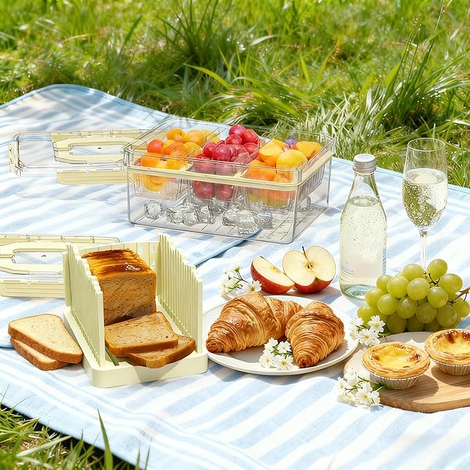 Bread Box with Slicer & Ice Chilled Condiment Caddy, Portable Airtight Bread Storage Container with Lid Handle for Kitchen Counter, Bread Keeper for Homemade Bread,Toast, Bagel, Cookies, Beige