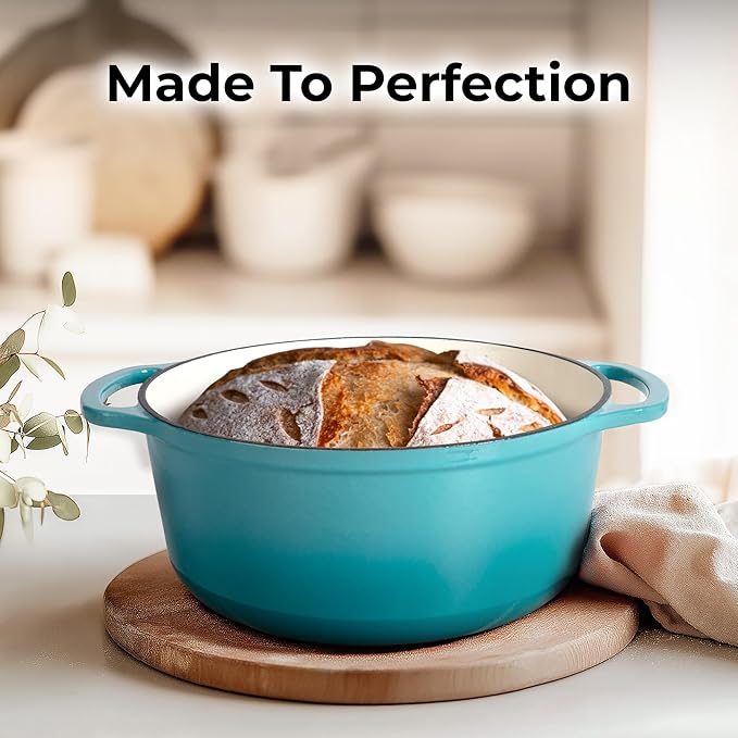 Zulay Kitchen 5 Quart Enameled Cast Iron Dutch Oven Pot with Lid – Premium Durability & Oven Safe up to 500°F – Heavy Duty Cookware Perfect for Bread Baking, Stews, Braising & Roasting – Light Blue