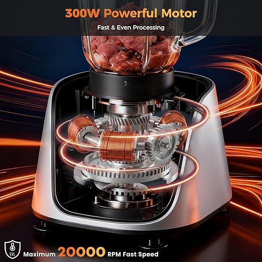 Sweetcrispy Food Processor Blender Combo for Vegetable, Dough, Electric Food Processors Slicing, 6 Cup Chopper for Meat, Puree, 2 Speeds, Sharp Blades, Safety Lock with 1.5L Glass Jar