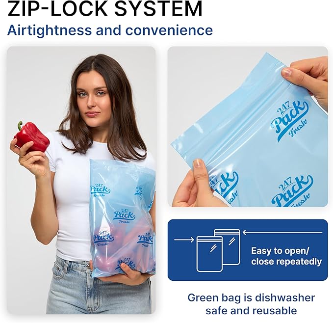Freshpack 247 Zipper Bag Size L 12×14 inches (1.5 gallon) – Reusable Food Storage & Packaging Bags, Helps Keep Fresh up to 3× Longer – Biodegradable, BPA-Free, UV-Shielded, Washable, SGS Tested