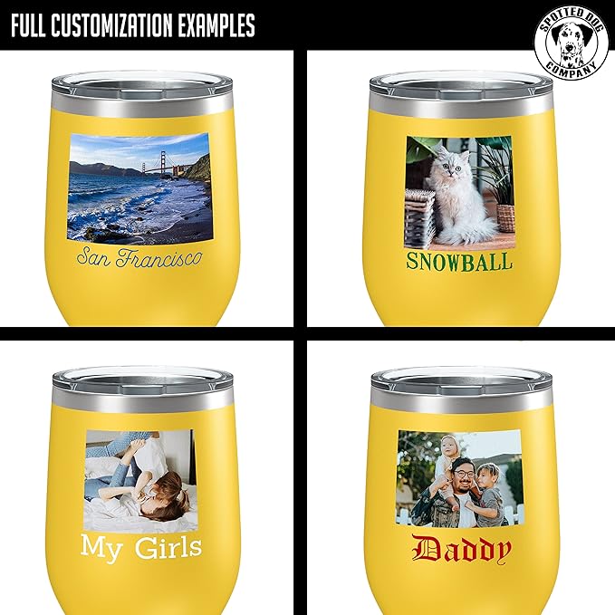 Personalized 12oz (17 Colors) Mother's Day Photo Picture Printed Insulated Stainless Steel Powder Coated Stemless Wine Tumbler with Lid, Customized Gift Idea for Her, Coach Gifts Team Mom Dad (Yellow)