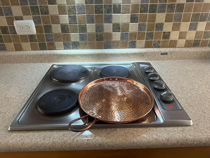 Celly Party 13 Inch Copper Comal, Round Griddle Pan for Tortillas Quesadillas Pancakes, Handmade Hammered Copper Cookware for Stove Top or BBQ Grill