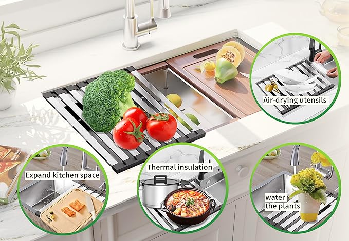 Kitchen Sink Drying Rrack， Stainless Steel Bowl Holder ，Foldable and Non-Slip Suitable for Kitchen Countertops Multipurpose Sink Drying Rack (16.54×12.8IN)