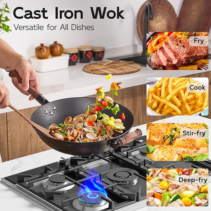 WANGYUANJI 13.4 Inch Traditional Cast Iron Wok with Wooden Lid and Stainless Spatula, Flat Bottom Double-Handle Chinese Stir Fry Pan, Uncoated Cast Iron Wok for Induction, Gas and Electric Stoves