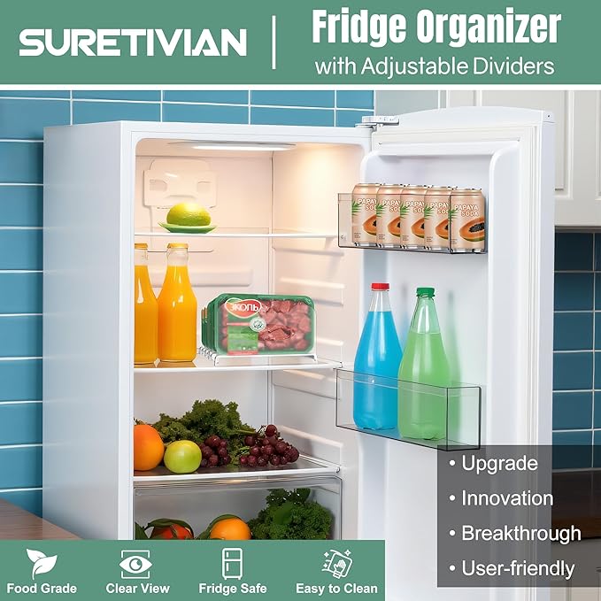 Freezer Organizer 12” Visible Fridge Organizer Rack with Removable Dividers and Handles, Freely Adjustable, Fits Refrigerator Frozen Meals, Lunch Meat Box, Cheeses(White)