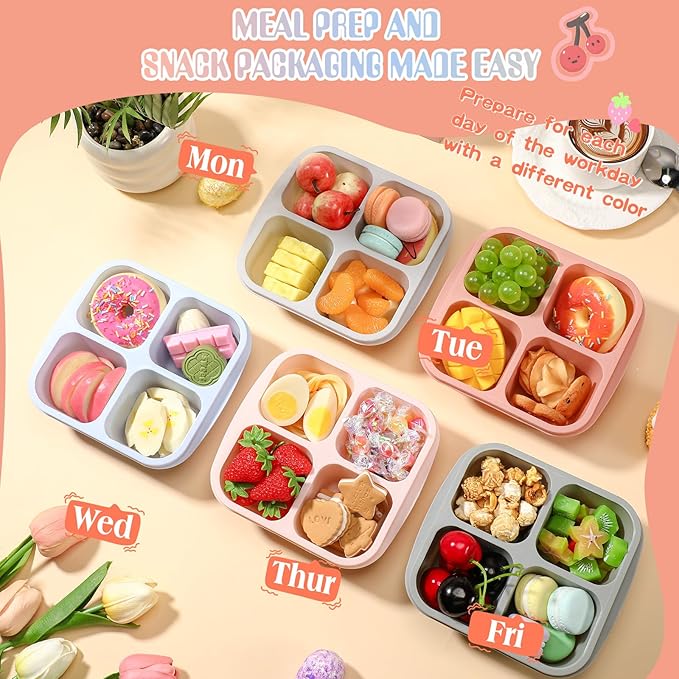 Honeydak 5 Pack Snack Containers 4 Compartment Bento Snack Boxes Reusable Lunchable Containers with Lids Divided Meal Prep Lunch Food Storage Box for School Work Travel(Morandi,Equal)