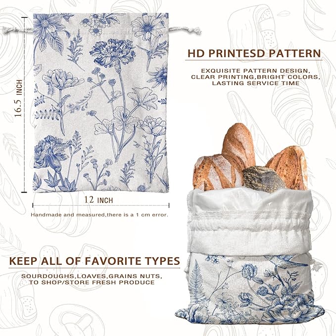 UTELKA Blue Linen Bread Bag for Sourdough Bread 2Pcs, Chinoiserie Reusable Beeswax Homemade Bread Bags for Baker Mom Women Kitchen Housewarming Gifts, Cloth String Storage Bread Box 16.5x12
