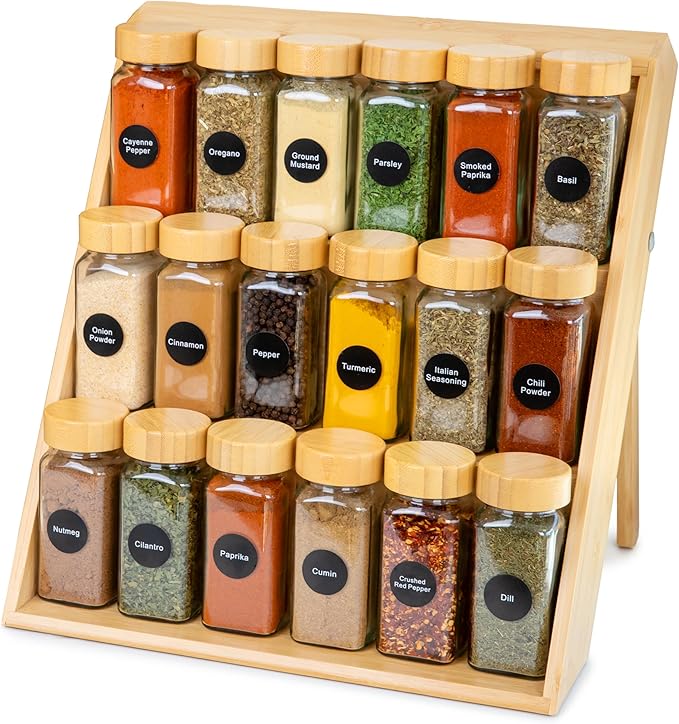 Extra Sturdy 3-Tier Bamboo Spice Rack – 12" W x 10" D x 13" H – Foldable Non-Slip Wooden Spice Organizer for Countertop and Cabinet – Includes Labels, Funnel & Hooks – Spice Jars NOT Included