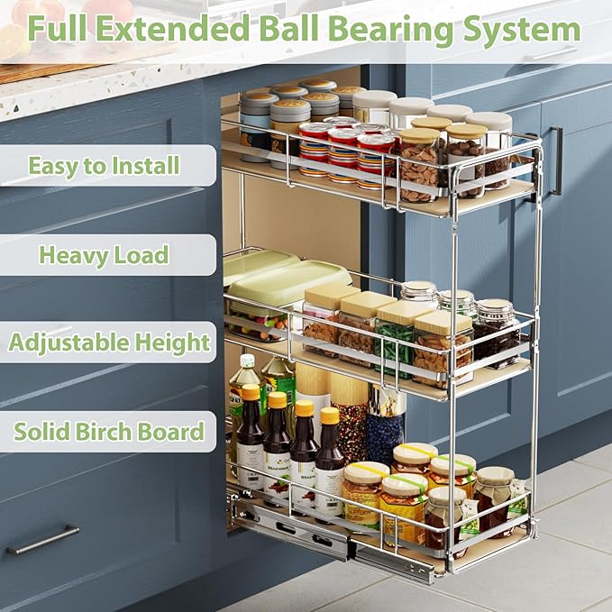 ROOMTEC 3-Tier Pull Out Cabinet Organizer Spice Rack for Narrow Cabinet 8" W x 20½" D, Slide Out Wood Shelves Storage for Kitchen