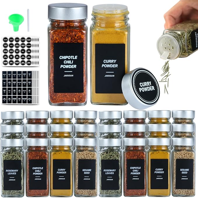 24 Glass Storage Jars- Spice Jars with Label-4oz Spice Containers with Shaker Lids and Silvery Lids,3 Sets of Spice Labels for Spice Rack