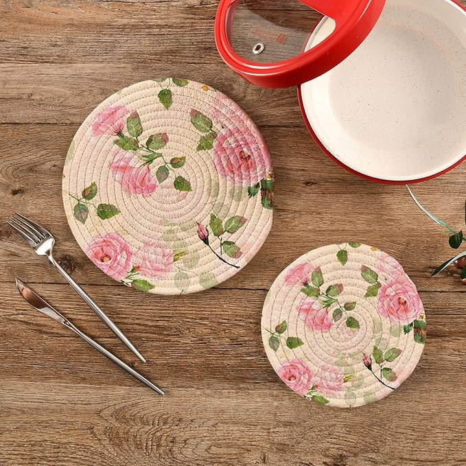 Kitchen Trivets Pot Holders Set of 2, Vintage Pink Roses Trivets for Hot Pots Dishes Woven Trivet Coaster Pad Mat for Counter
