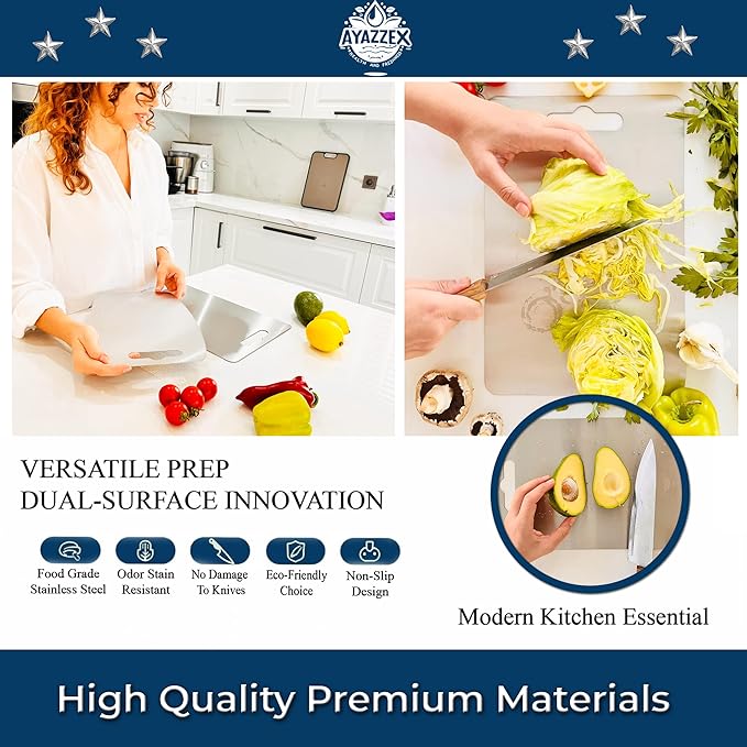 Stainless Steel Cutting Board Set 2 Pcs – Premium SUS 304 Double-Sided Cutting Boards for Kitchen, Meat, Vegetables – Includes Sponge, Adhesive Hook & Silicone Pad – Dishwasher Safe - Large & Medium