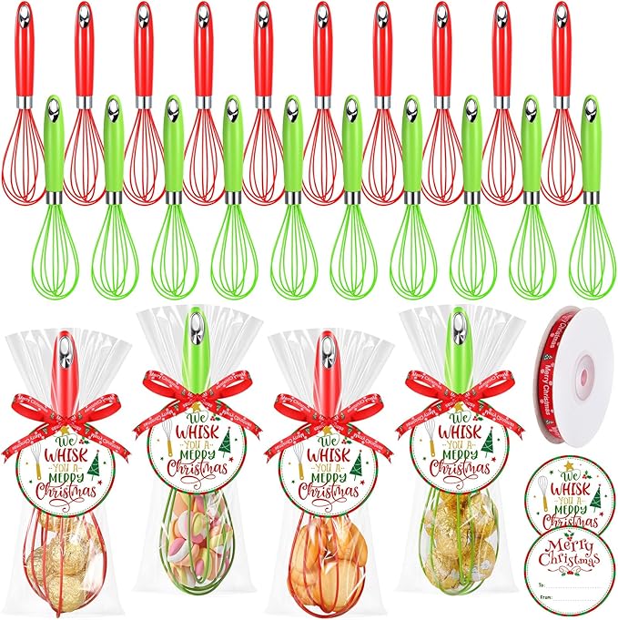 24 Christmas Whisk Gifts Include 10 Inch Christmas Stainless Steel Silicone Whisk Greeting Cards Ribbons Plastic Bags for Xmas Neighbor Family Friends Baking Enthusiast Cooking Supplies