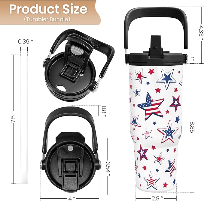 SANDJEST American Flag Star Tumbler with Handle 30oz, Stainless Steel Insulated Flip Straw Tumblers Coffee Travel Mug Cup, USA America Gifts for Women Girl for Birthday Christmas