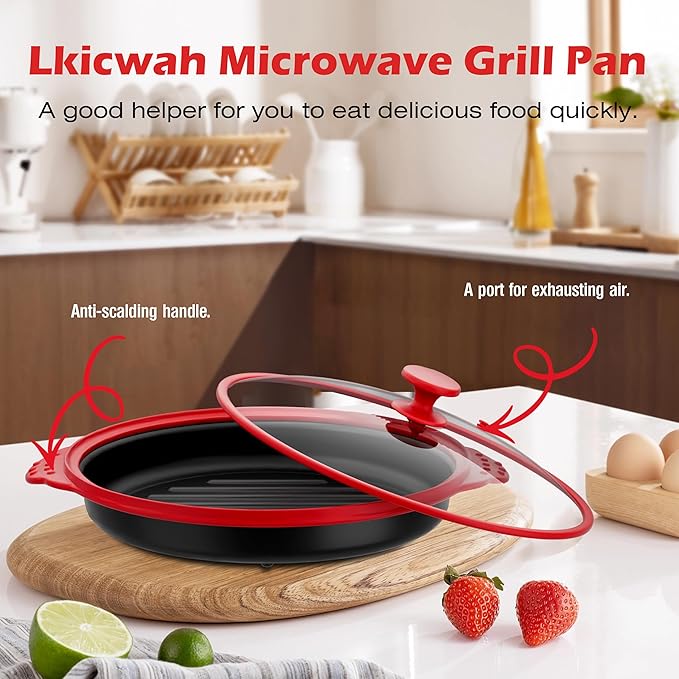 Microwave Grill Pan with Glass Lid, Microwave Griller & Crisper Pan for Grilling, Frying, Browning and Crisping, Multi-Purpose Microwave Cookware for Grill Meat, Sandwich & Vegetable