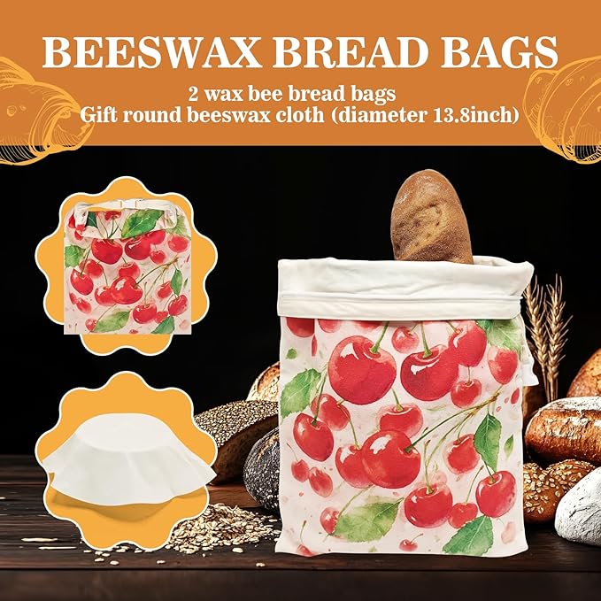 Beeswax Bread Bags for Sourdough 2 Pack 13"x17" Eco-Friendly Reusable Linen Cotton Storage Bags with Zipper Closure for Homemade Bread Fresh-Keeping, Freezer-Safe (Cherries)