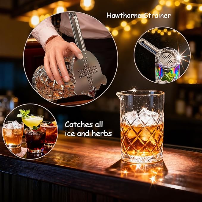 Professional 24 Oz Cocktail Mixing Glass Set - Thick Bottom Crystal Clear Bar Tools with Strainer, Jigger (15/30ml), Spoon & Recipe Guide