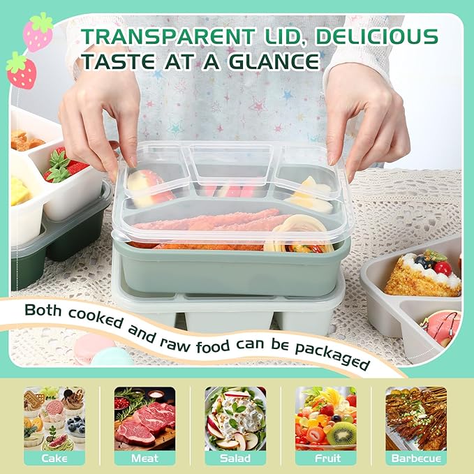 Honeydak 5 Pack Snack Containers 4 Compartment Bento Snack Boxes Reusable Lunchable Containers with Lids Divided Meal Prep Lunch Food Storage Box for School Work Travel(Sage,Mixed)