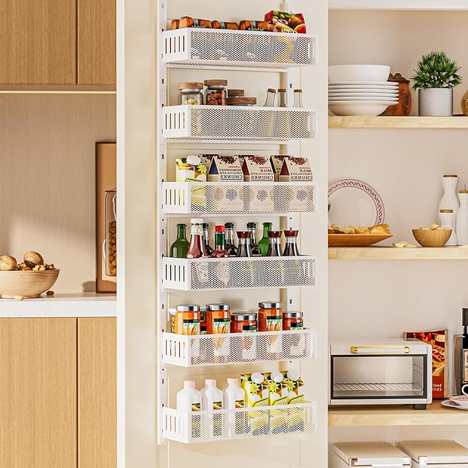 6-Tier Over The Door Pantry Organizer with Mesh Baskets, Adjustable & Stable Hanging Spice Rack for Kitchen, Bathroom, Bedroom, and Baby Essentials Storage (16" W 6-Tiers, White)
