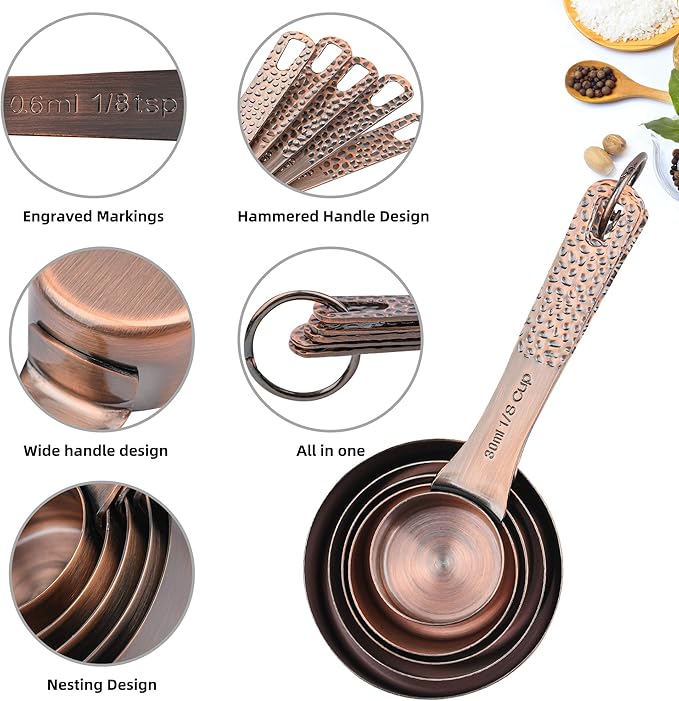 Smithcraft Copper Measuring Cups and Spoons Set 11, Dry Metal Measuring Cup Set for Cooking&Baking, Stainless Steel Measuring Cups and Spoons, 5 Measure Cups and 6 Kitchen Measurement Spoons & Leveler