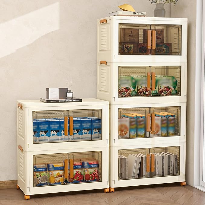 Plastic Stackable Storage Bins with Lids and Wheels, Foldable Closet Organizers and Storage Containers, Collapsible Clear Drawer Storage Cabinet with Doors Ivory White 182.4 QT
