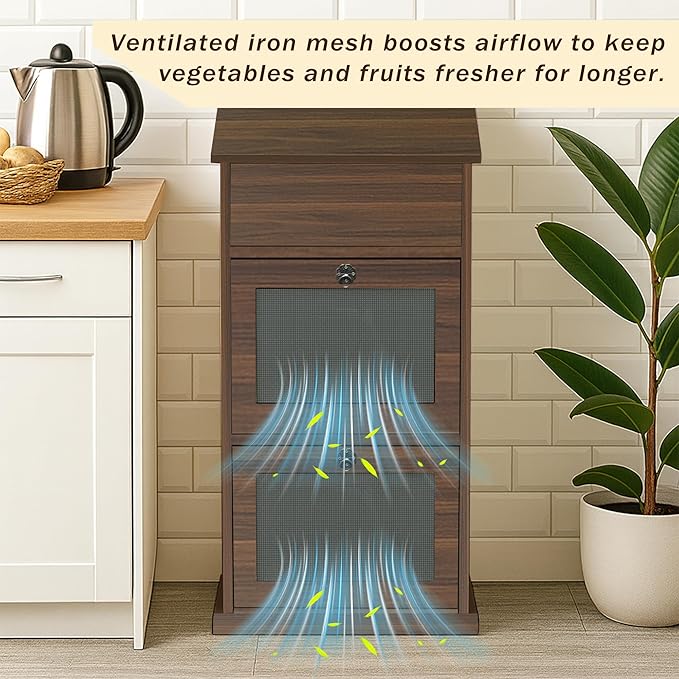 Potato Storage Bin, 3-Tier Potato and Onion Storage Bin with Lid, Wooden Bread Box for Fruit and Vegetable,Food Storage Containers for Kitchen Pantry (Walnut)