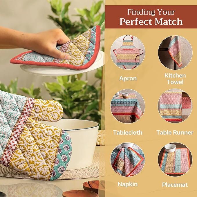 Maison d' Hermine Pot Holders 100% Cotton Heat Resistant Potholders 8" x 8" Hot Pads with Loop BBQ, Cooking, Baking, Grilling, Kitchen, Handling Hot Pans Spring/Summer (Pack of 1, Provence)