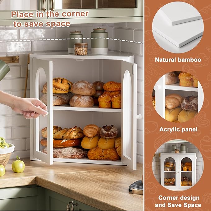 WOWLIVE Corner Bread Box for Kitchen Countertop, 2 Tier Bamboo Bread Storage Container for Homemade Bread with Clear Acrylic Door Panel, Bread Bin Farmhouse Breadbox Organizer (White, Extra Large)