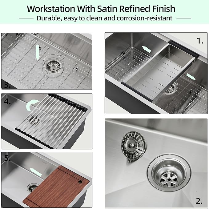 Undermount Kitchen Sink, 30 x 19 Inch Sink Kitchen 16 Gauge Stainless Steel Kitchen Sinks Single Bowl Workstation Sink with Cutting Board
