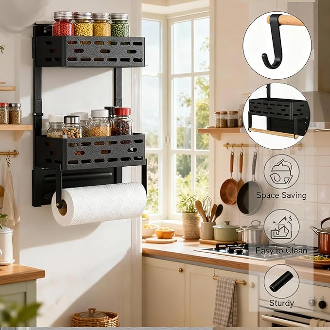 2-in-1 Magnetic Spice Rack & Paper Towel Holder for Fridge - 4 Hooks Kitchen Space Saver, Black Fridge Magnet Organizer