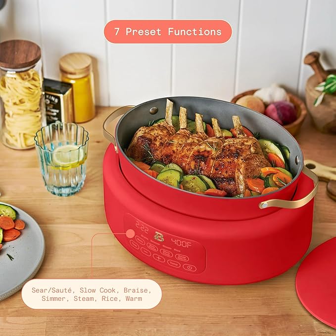 Beautiful 10-in-1 Electric MultiCooker 6 Quart - Programmable Slow Cooker, Sous Vide, Rice Cooker - Sleek Touch Timer & Delayed Start - Kitchen Appliance by Drew Barrymore (Tomato Red)