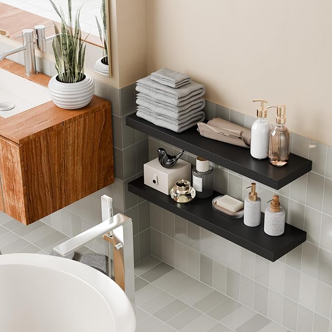 30 Inch Floating Shelves for Wall, 8" Deep Floating Shelf Wall Mounted Set of 2, Black Wall Shelf with Invisible Bracket, Hanging Shelf for Bathroom, Bedroom, Kitchen, Living Room Decor
