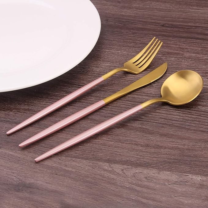 Matte Gold Silverware Set with pink handle, Bysta 20-Piece Stainless Steel Flatware Set, Kitchen Utensil Set Service for 4, Tableware Cutlery Set for Home and Restaurant, Satin Finish, Dishwasher Safe