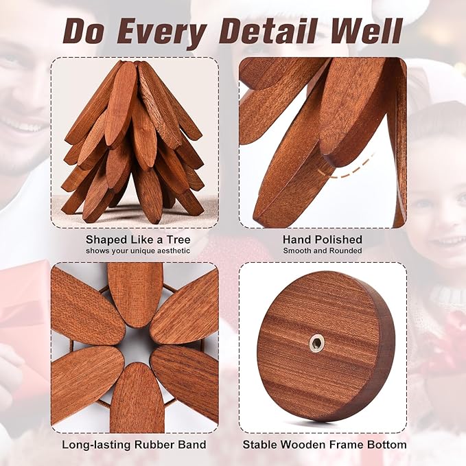 Wooden Trivets for Hot Dishes - Christmas Tree Coasters Set, Tree Shape Trivet With Stand, 4 Pieces + 1 Stand (Walnut Wood, 8.7)