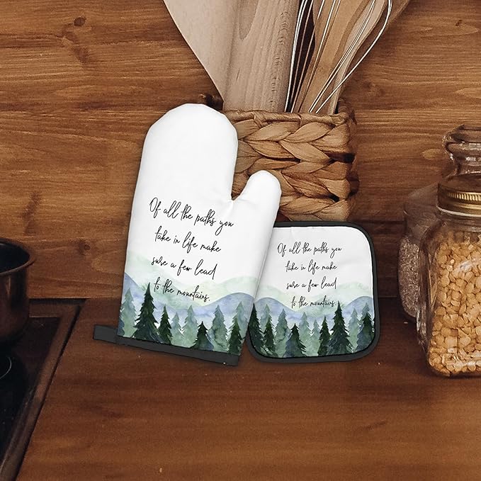 Rustic Mountain Cabin Decor Oven Mitts and Pot Holders Sets, Forest Camper Gifts Kitchen Accessories Sets, of All The Paths You Take in Life Heat Resistant Oven Glove Potholders for Kitchen