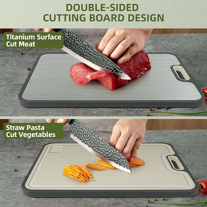 Titanium Cutting Board, 15.2” Double-Sided Chopping Board, Non-Toxic Safe Metal Cutting Board, Titanium/Wheat Straw Surface, Non-Slip Design for Safe & Efficient Cooking, Perfect for Meat, Vegetables