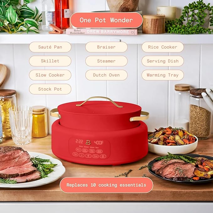Beautiful 10-in-1 Electric MultiCooker 6 Quart - Programmable Slow Cooker, Sous Vide, Rice Cooker - Sleek Touch Timer & Delayed Start - Kitchen Appliance by Drew Barrymore (Tomato Red)