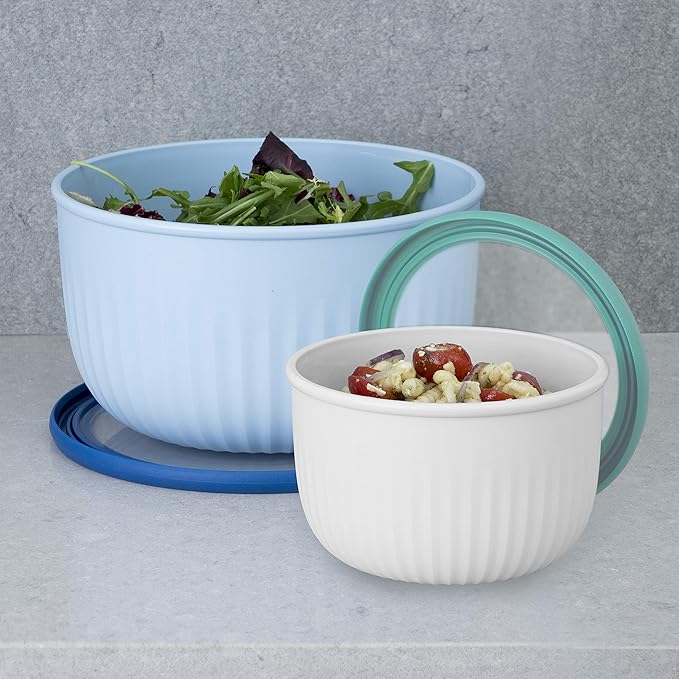 Oggi Prep, Store & Serve Plastic Bowl w/See-Thru Lid- Dishwasher, Microwave & Freezer Safe, (0.7 qt) White/Aqua