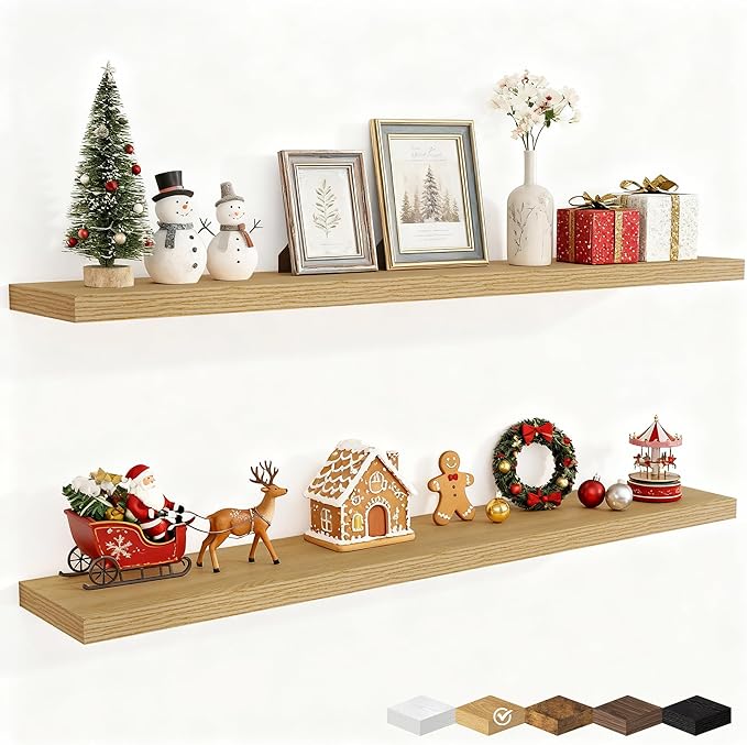 Fun Memories 55 Inch Fireplace Mantel Shelf -Long Floating Shelves, Deep Wall Mounted Farmhouse Display Shelves with Invisible Heavy Duty Metal Bracket, Oak, 2 Pack