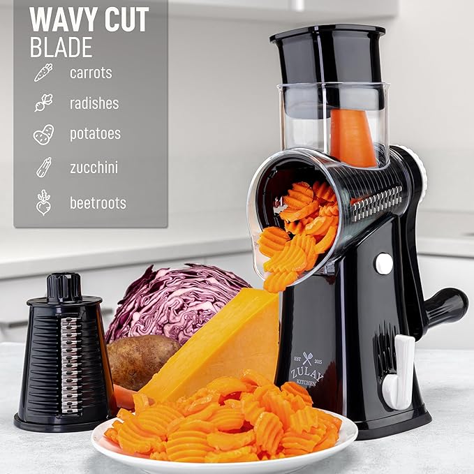 Zulay Kitchen Rotary Cheese Grater 5 Blade Cheese Shredder - Manual Hand Crank Cheese Grater With Reinforced Suction & 5 Interchangeable Drums - Easy to Use, Vegetable Chopper Round Mandoline Slicer