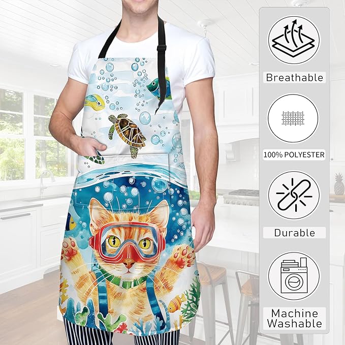 Whimsical Cat Apron,Oxford Fabric Adjustable Kitchen Apron with 2 Pockets,Waterproof Cooking Aprons for Men Women Mom Wife Dad,Ideal Gifts for Coffee,Shop,Baking,BBQ,Housewarming,28x33in