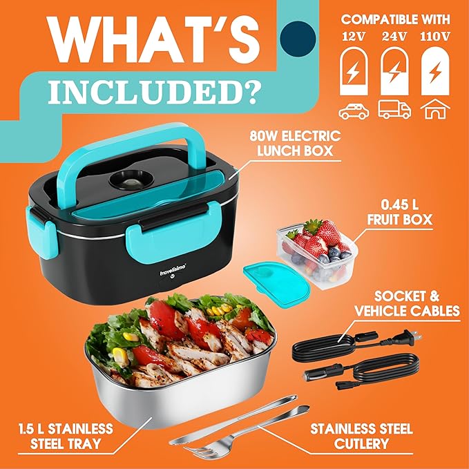 TRAVELISIMO Electric Lunch Box for Adults 80W Heated Lunch Box For Men 1.5L Stainless Steel Portable Food Warmer, 12/24/110V Electric Food Warmers for Travel & Work, Loncheras Para Hombres de Trabajo