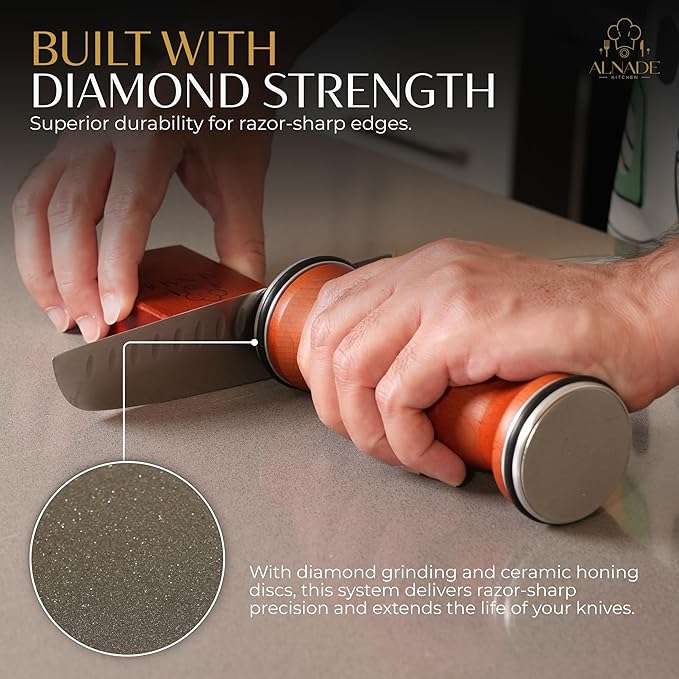 Rolling Knife Sharpener with Comfortable Beech Wood Handle - Premium Kitchen Knife Sharpener Kit for Home Cooks & Chefs, Diamond & Ceramic Wheels, Dual Angle Design, Gift Box Included