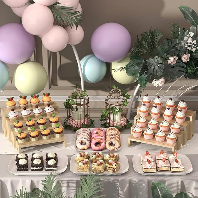2 Set Large Wooden Tiered Riser Display Stands for Vendor Events,Stackable Perfume Organizer Cologne Stand for Men Women,Wooden Cupcake Dessert Stand,Wood Dessert Table Display Set,Food Display Risers for Party（12-11.2-10.4-9.6IN）