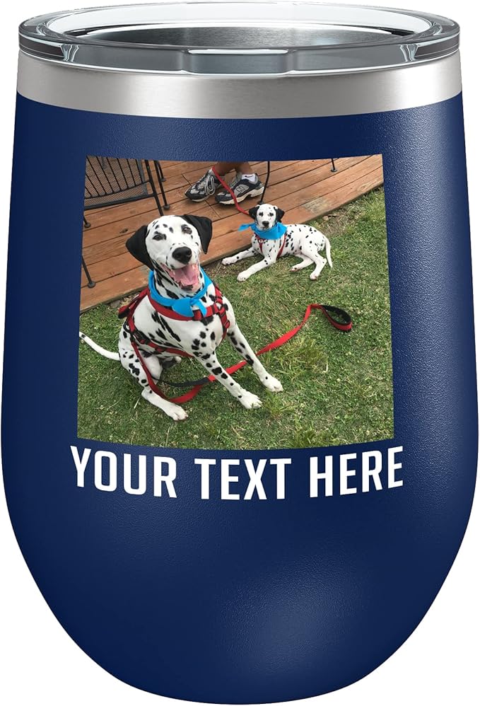 Personalized 12oz (17 Colors) Mother's Day Photo Picture Printed Insulated Stainless Steel Powder Coated Stemless Wine Tumbler with Lid, Customized Gift Idea Her, Coach Gifts Team Mom Dad (Navy Blue)