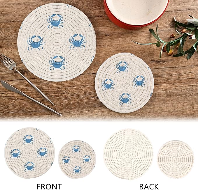 Kitchen Trivets Pot Holders Set of 2, Blue Sea Crab Trivets for Hot Pots Dishes Woven Trivet Coaster Pad Mat for Counter