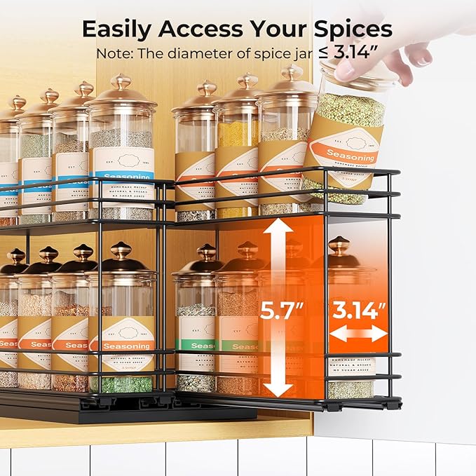 Pull Out Spice Rack Organizer for Cabinet, Slide Out Spice Racks, Easy to Install, 3.0''Wx10.35''Dx8.26''H, 2 Drawers 2 Tiers(Black)